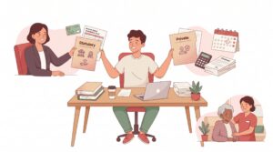 Illustration eines Freiberuflers im Homeoffice, der zwischen gesetzlicher und privater Pflegeabsicherung vergleicht, mit Beraterin, Unterlagen und einer kleinen Pflegeszene im Hintergrund.