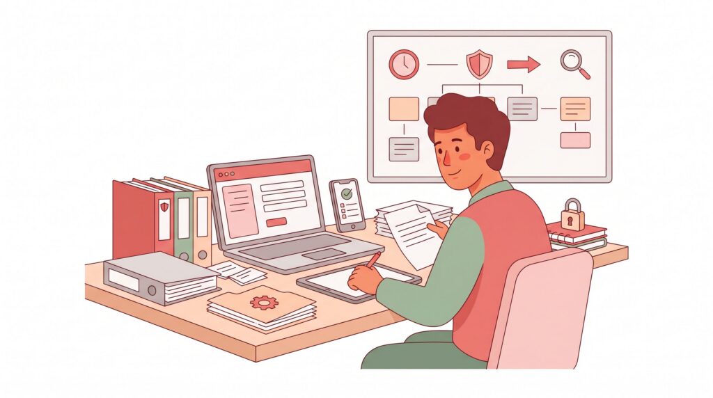 Illustration eines solo-selbstständigen Professionals am Schreibtisch, der Datenschutzunterlagen, Laptop, Smartphone und Ordner organisiert und DSGVO-Pflichten strukturiert prüft.