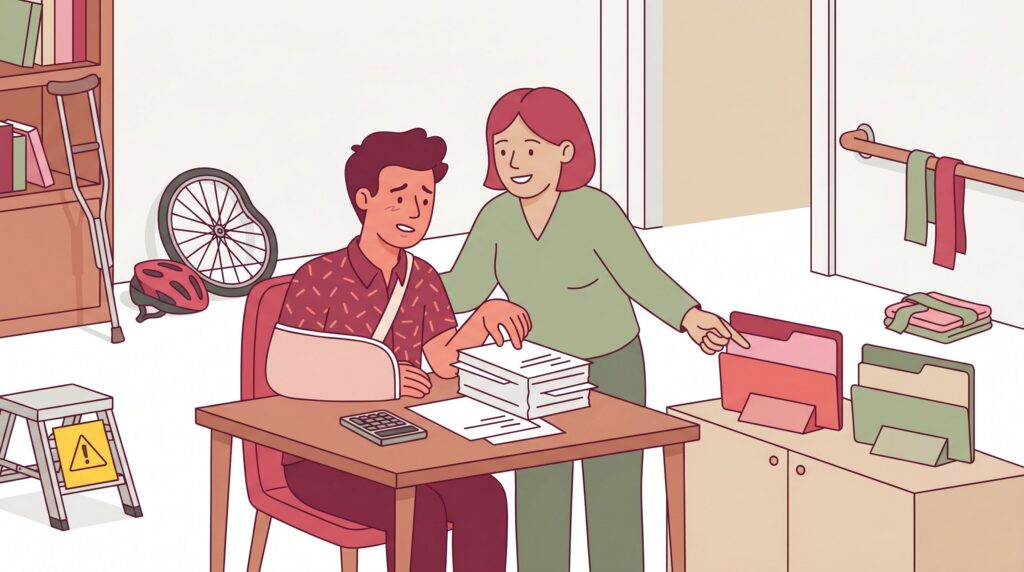 Illustration eines selbstständigen Berufstätigen mit Armschlinge im Homeoffice, der Versicherungsunterlagen prüft, während eine zweite Person beim Vergleich zwischen privater und gesetzlicher Unfallabsicherung unterstützt.