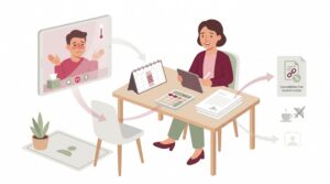 Illustration eines Selbstständigen am Schreibtisch, der eine kurzfristige Terminabsage dokumentiert, während ein reservierter Platz frei bleibt.