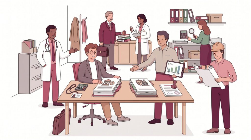 Illustration eines Beratungsgesprächs zum Versorgungswerk für Freiberufler mit verschiedenen Kammerberufen in einer Büroszene