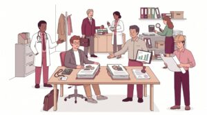 Illustration eines Beratungsgesprächs zum Versorgungswerk für Freiberufler mit verschiedenen Kammerberufen in einer Büroszene
