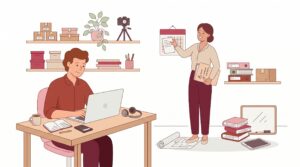 Illustration eines realistischen Homeoffice-Starts mit zwei Personen, Laptop, Unterlagen, Kalender, Versandpaket und Arbeitsmaterialien für eine Selbstständigkeit von zu Hause.