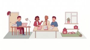 Illustration eines Freiberuflers im Homeoffice, der mit zwei Beratern Unfallversicherungsoptionen zwischen Arbeits- und Freizeitbereich vergleicht.