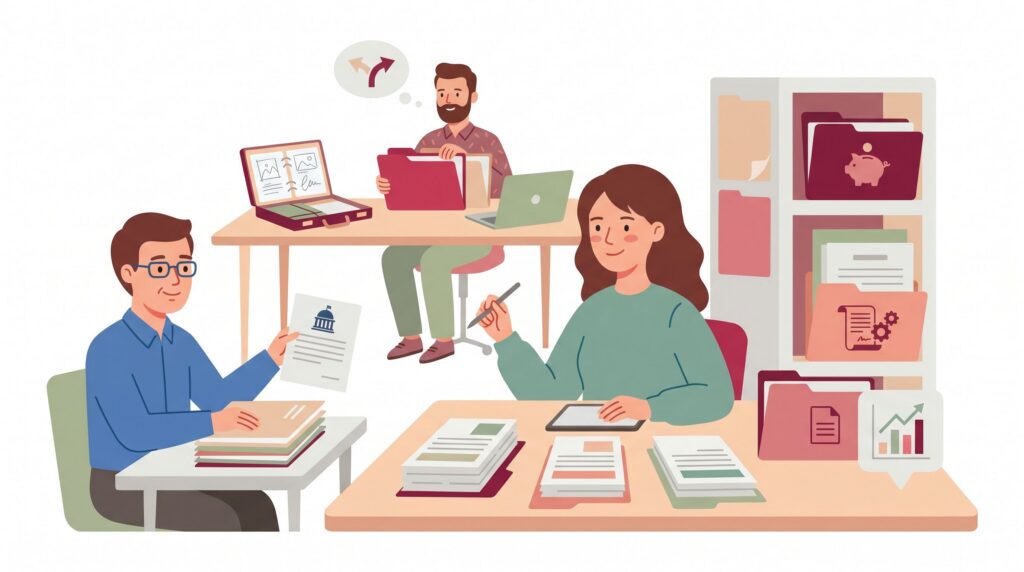 Illustration eines Freiberuflers, der gesetzliche und private Altersvorsorgeoptionen mit Berater und Unterlagen vergleicht.