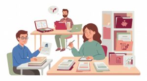 Illustration eines Freiberuflers, der gesetzliche und private Altersvorsorgeoptionen mit Berater und Unterlagen vergleicht.