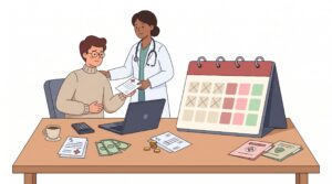 Illustration eines selbstständigen kranken Menschen am Schreibtisch mit Arzt, Kalender, Rechnungen und Unterlagen zum Krankengeld