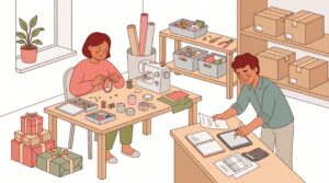 Illustration einer handwerklichen Selbstständigkeit von zuhause mit zwei Personen in einer aufgeräumten Wohnraum-Werkstatt