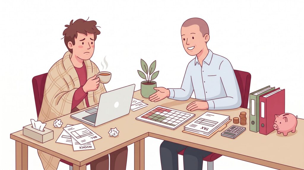 Selbstständige Person im Homeoffice sitzt krank mit Decke und Tee am Schreibtisch und spricht mit einem Berater; auf dem Tisch liegen Kalender, Steuerunterlagen, Rechner, Münzen, Ordner und Sparschwein als Symbole für Krankengeld, Wartezeit und Einkommensberechnung.