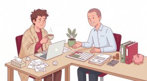 Selbstständige Person im Homeoffice sitzt krank mit Decke und Tee am Schreibtisch und spricht mit einem Berater; auf dem Tisch liegen Kalender, Steuerunterlagen, Rechner, Münzen, Ordner und Sparschwein als Symbole für Krankengeld, Wartezeit und Einkommensberechnung.
