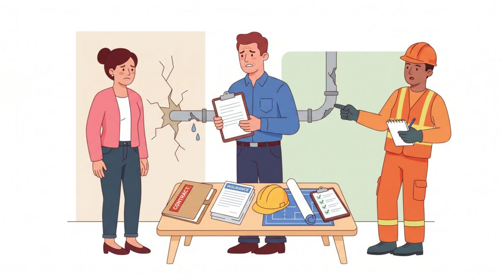Illustration einer Baustellenbesprechung nach einem Schaden mit Generalunternehmer, Auftraggeber und Subunternehmer vor beschädigter Leitung und Vertrags- sowie Versicherungsunterlagen