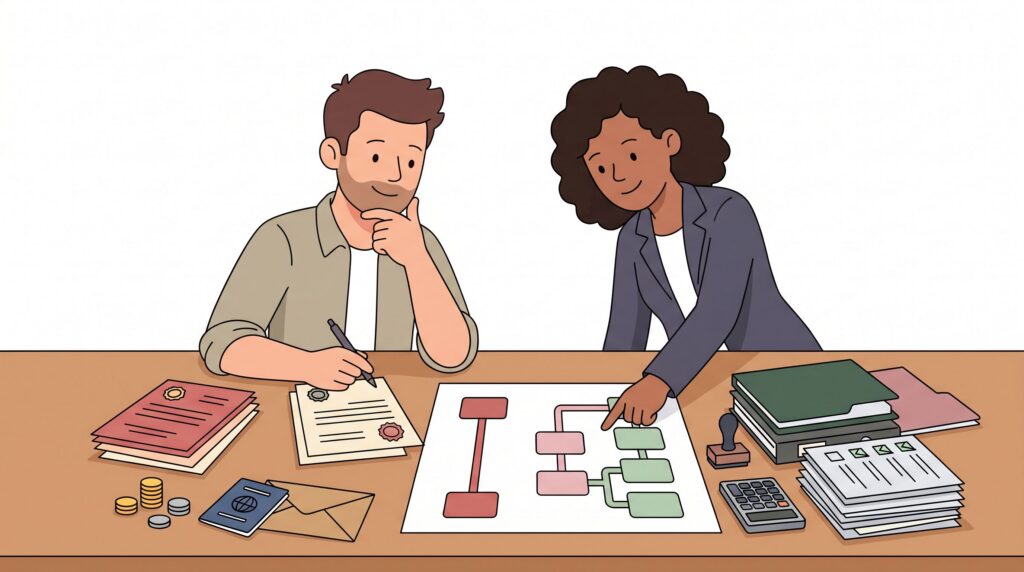 Illustration eines Gründers mit Beraterin am Schreibtisch beim Vergleich einer Ltd.-Gründung mit deutschen Registrierungspflichten