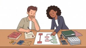 Illustration eines Gründers mit Beraterin am Schreibtisch beim Vergleich einer Ltd.-Gründung mit deutschen Registrierungspflichten