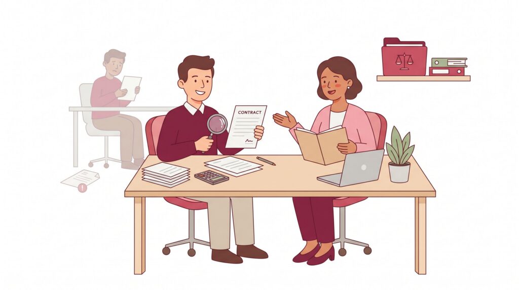 Illustration eines selbstständigen Berufstätigen, der mit einer Beraterin gewerblichen Rechtsschutz vergleicht, mit Unterlagen, Rechner und rechtlichen Akten im Büro.