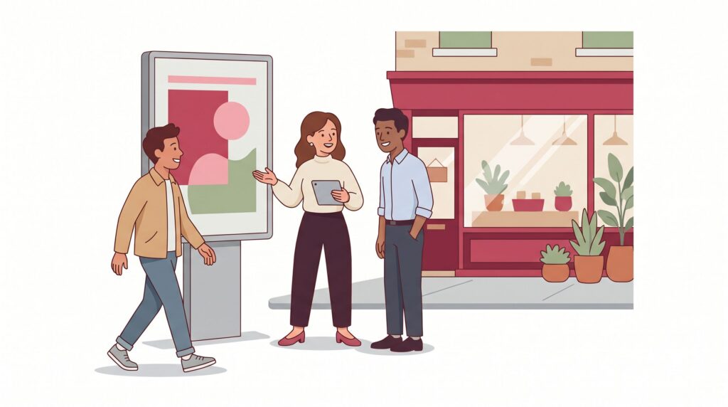 Illustration zur Plakatwerbung mit selbstständiger Unternehmerin, Designer, Passant und Werbeplakat vor lokalem Laden
