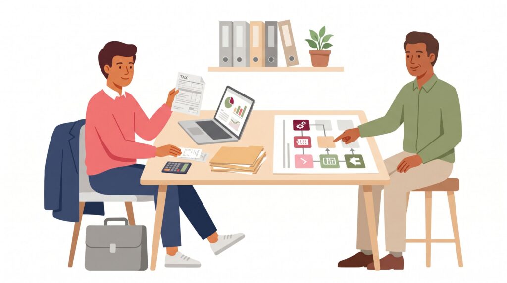 Illustration einer nebenberuflichen Gründung mit zwei Personen am Schreibtisch, Unterlagen, Laptop und Beratungsplan