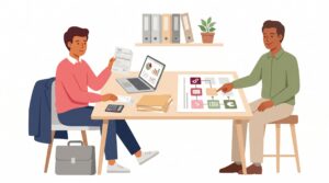 Illustration einer nebenberuflichen Gründung mit zwei Personen am Schreibtisch, Unterlagen, Laptop und Beratungsplan