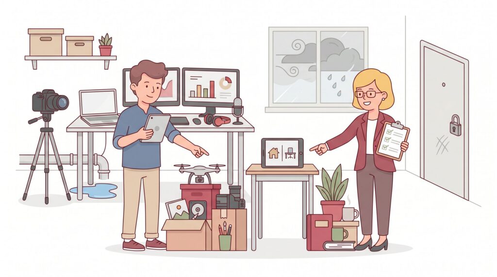 Freelancer im Homeoffice mit Technik und Inventar, beraten von einer Versicherungsberaterin zu Inhaltsversicherung und Schutz geschäftlicher Ausstattung