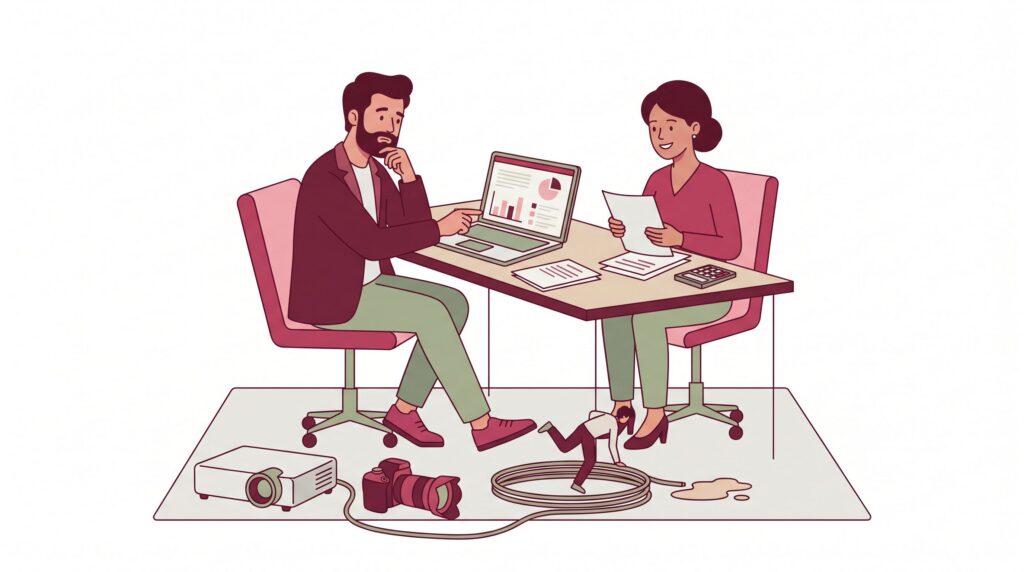 Illustration eines Freiberuflers mit Beraterin im Büro, mit Projektor, Kamera, Kabel und Unterlagen zur Auswahl einer passenden Betriebshaftpflicht