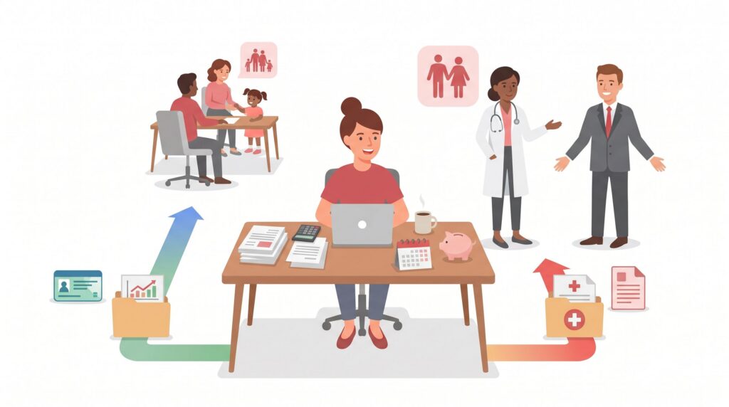 Illustration eines Freiberuflers im Homeoffice beim Vergleich von gesetzlicher und privater Krankenversicherung mit Familie, Arzt und Berater.