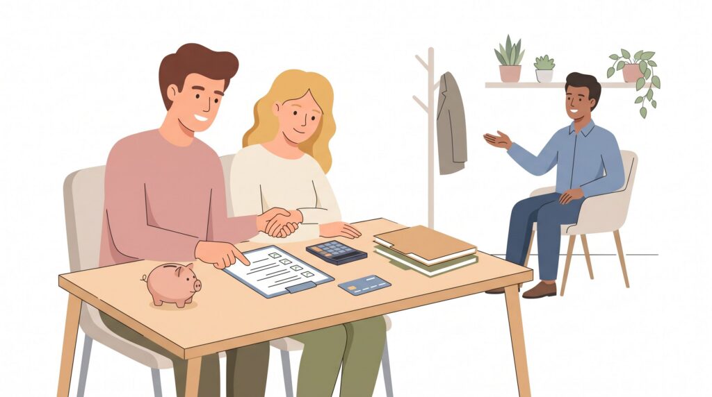 Illustration von zwei Gründern an einem Schreibtisch mit Vertrag, Checkliste und Berater zur Gründung einer GbR