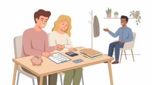 Illustration von zwei Gründern an einem Schreibtisch mit Vertrag, Checkliste und Berater zur Gründung einer GbR