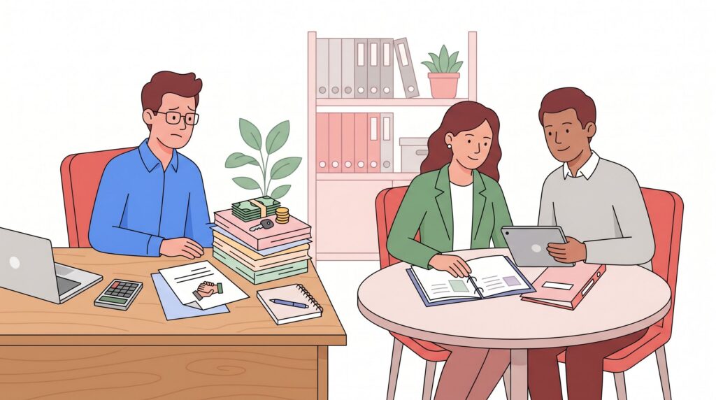 Illustration eines Gesellschafter-Geschäftsführers mit Steuerberater und Prüfer bei der Durchsicht von Vergütungsunterlagen in einem Büro