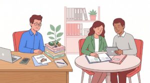 Illustration eines Gesellschafter-Geschäftsführers mit Steuerberater und Prüfer bei der Durchsicht von Vergütungsunterlagen in einem Büro