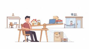 Illustration eines Einzelunternehmers am Schreibtisch mit Vertrag, Unterlagen und Abwägung zwischen privatem Vermögen und Geschäftsrisiken