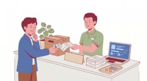Illustration einer Gewerbeummeldung am Serviceschalter einer Kommunalbehörde