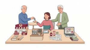 Illustration einer angehenden Gründerin, die Franchise, Unternehmensübernahme, Lizenzmodell und Solo-Online-Modell mit einem Berater vergleicht