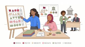 Illustration zur Gründung einer Genossenschaft mit drei Gründerinnen und Gründern, Satzung, Checkliste, Geschäftsanteilen, Registergebäude und Prüfungsverband in einer Büroszene