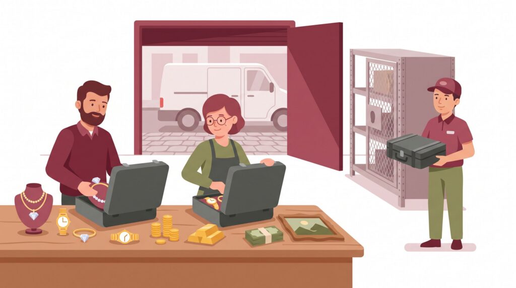 Illustration zur Valorenversicherung mit Juwelier, Goldschmied und Kurier beim gesicherten Transport wertvoller Güter.