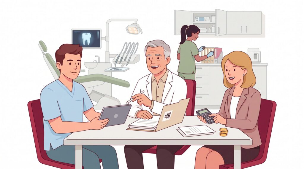 Illustration zur Übernahme einer Zahnarztpraxis mit jungem Zahnarzt, abgebendem Praxisinhaber und Finanzberaterin bei der Besprechung von Unterlagen in einem Behandlungsraum.