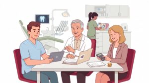 Illustration zur Übernahme einer Zahnarztpraxis mit jungem Zahnarzt, abgebendem Praxisinhaber und Finanzberaterin bei der Besprechung von Unterlagen in einem Behandlungsraum.