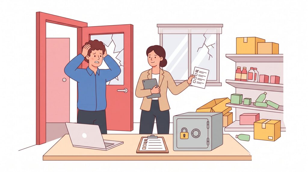Illustration eines kleinen Gewerbebüros nach einem Einbruch mit Geschäftsinhaber, Versicherungsberaterin, beschädigter Tür, gerissenem Fenster, Unordnung im Lager und Tresor auf dem Schreibtisch.
