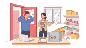 Illustration eines kleinen Gewerbebüros nach einem Einbruch mit Geschäftsinhaber, Versicherungsberaterin, beschädigter Tür, gerissenem Fenster, Unordnung im Lager und Tresor auf dem Schreibtisch.