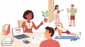 Illustration eines selbstständigen Personal Trainers in Deutschland bei der Planung seines Fitness-Business mit Schreibtisch, Unterlagen und betreutem Training