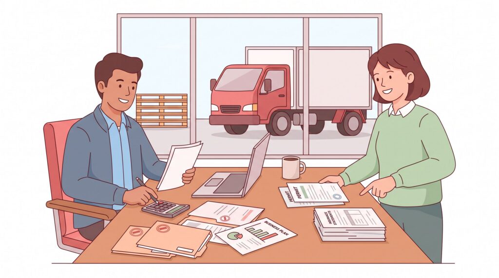 Illustration eines angehenden Transportunternehmers mit Berater im Logistikbüro, Unterlagen auf dem Tisch und Lkw im Hintergrund