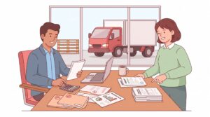 Illustration eines angehenden Transportunternehmers mit Berater im Logistikbüro, Unterlagen auf dem Tisch und Lkw im Hintergrund