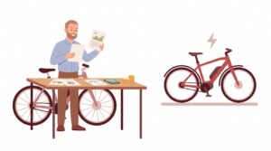 Selbstständiger vergleicht an einem Schreibtisch mit Fahrrad, Pedelec und separatem E-Bike Leasing, Kauf und steuerliche Einordnung eines Dienstrads.