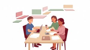 Junger Gründer am Tisch mit Laptop und Unterlagen im Beratungsgespräch mit zwei offiziellen Ansprechpartnerinnen zur Existenzgründung
