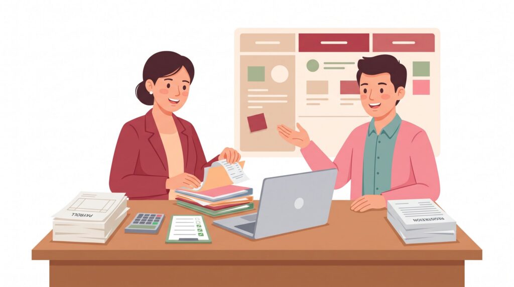 Freundliche Illustration eines selbstständigen Buchhalters mit Berater an einem Schreibtisch mit Laptop, Unterlagen und Registrierungsdokumenten