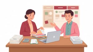 Freundliche Illustration eines selbstständigen Buchhalters mit Berater an einem Schreibtisch mit Laptop, Unterlagen und Registrierungsdokumenten