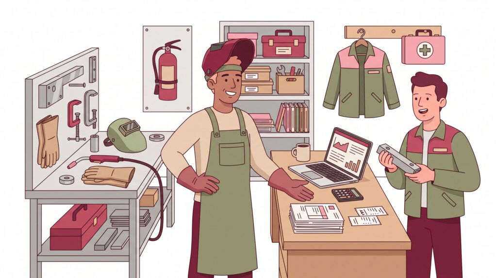 Illustration eines selbstständigen Schweißers in einer Werkstatt-Büro-Umgebung mit Werkzeug, Laptop, Unterlagen und einem Kunden.