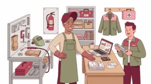 Illustration eines selbstständigen Schweißers in einer Werkstatt-Büro-Umgebung mit Werkzeug, Laptop, Unterlagen und einem Kunden.