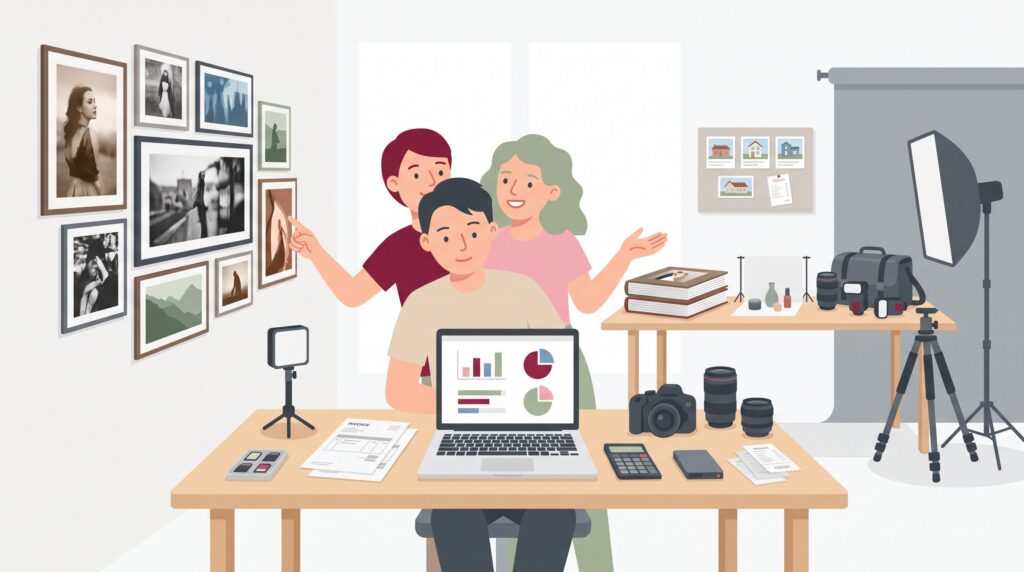 Illustration eines selbstständigen Fotografen im hellen Studio-Büro zwischen künstlerischer Fotografie und Auftragsfotografie mit Kamera, Laptop, Belegen und Studioequipment.