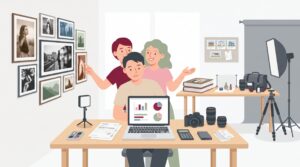 Illustration eines selbstständigen Fotografen im hellen Studio-Büro zwischen künstlerischer Fotografie und Auftragsfotografie mit Kamera, Laptop, Belegen und Studioequipment.