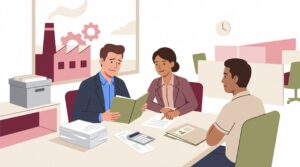 Illustration zu Straf-Rechtsschutz für Unternehmen mit Unternehmer, Strafverteidigerin und Manager am Besprechungstisch