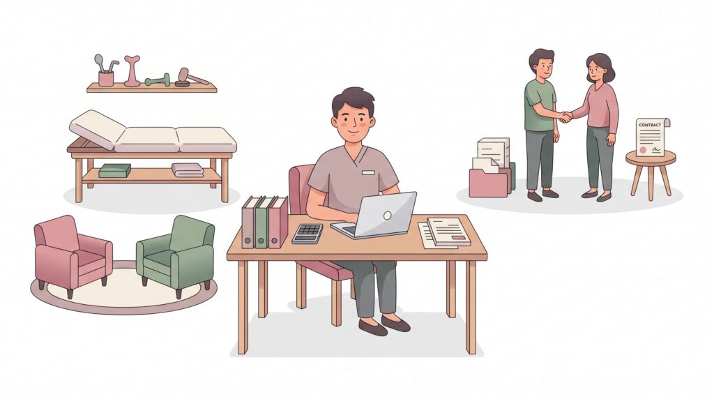 Illustration zur Selbstständigkeit als Ergotherapeut mit Praxisplanung, Therapieraum und organisatorischen Gründungsschritten